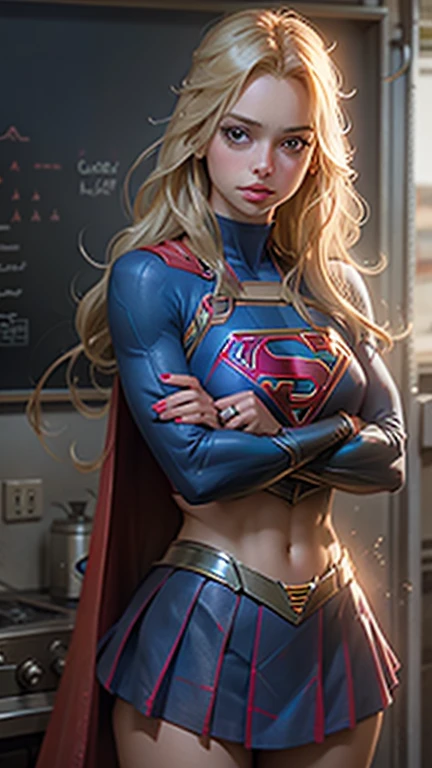 Uma mulher usando cosplay de Supergirl, Long Blonde Hair Crossed Arms