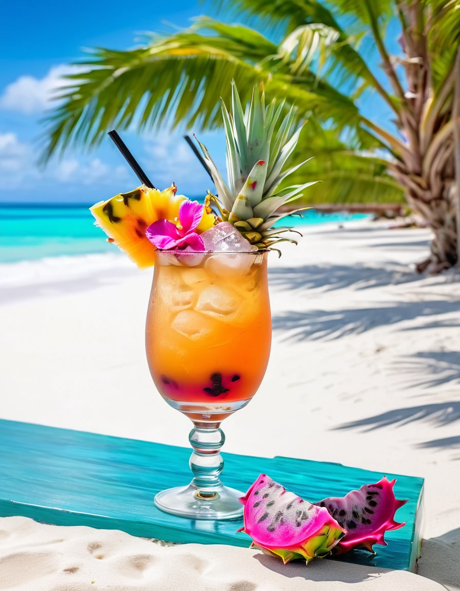 Sophisticated mai tai   cocktail with  slice  of dragonfruit and ice ,exotic flower  at tropical beach view at sunny day with white sand turquoise water and palm trees