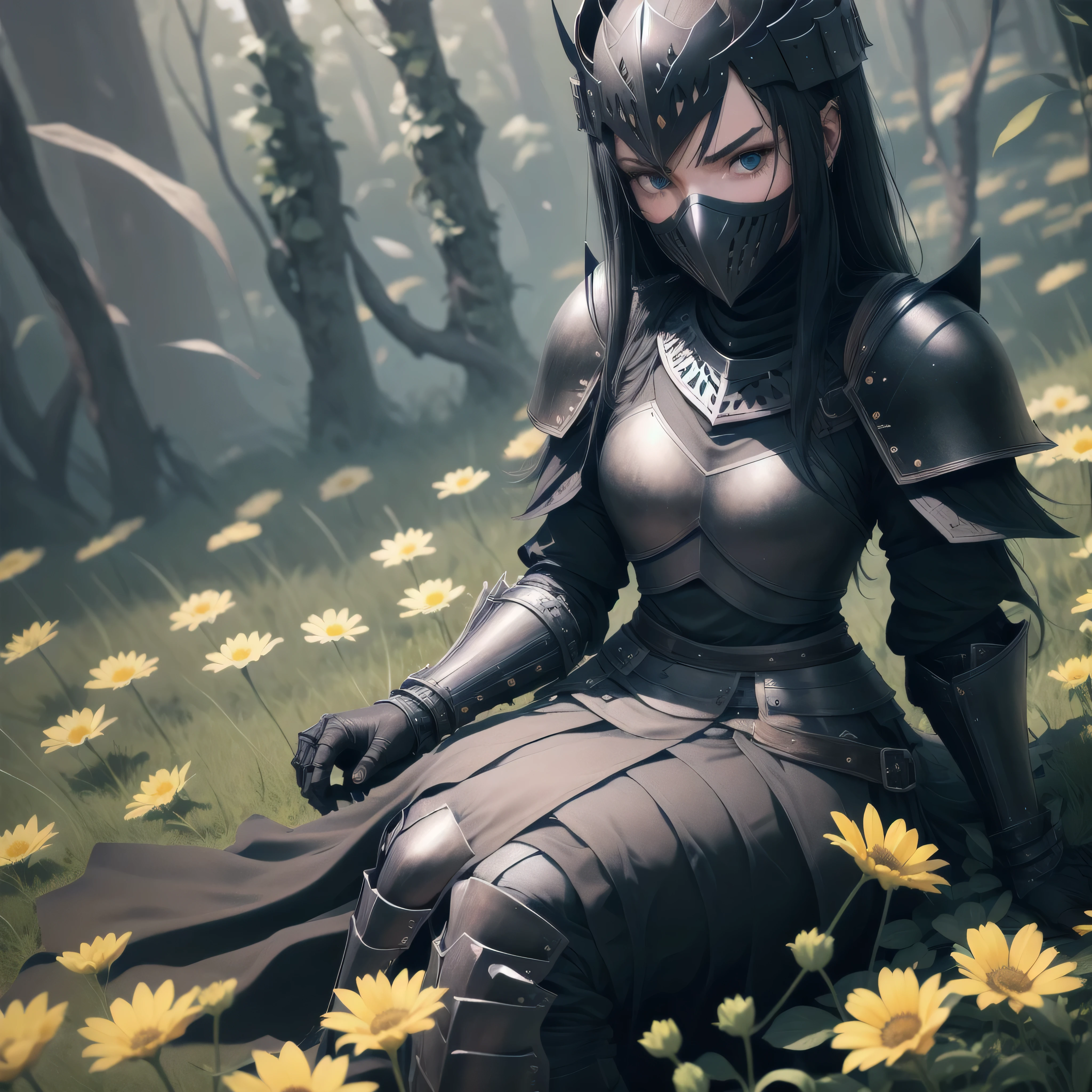 1girl, wearing black full black knight armor and full-face knight helmet, wearing knight face mask, sitting in the middle of a vast flower field, angry face, black hair, blue eyes