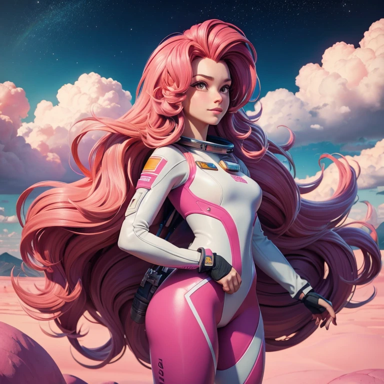 Highly Detailed Portrait Of A Young Woman Astronaut. Image Depicts A Stylized, Animated Character With A Realistic Appearance. The Character Has Long, Wavy Red Hair That Cascades Over Her Shoulders And Down Her Back. Vintage Style With A Bright And Cheerful Color Scheme, Vivid Pink Hair, Featuring A Mix Of Pastel Blues, Pinks, And Purples, Standing With His Arms Folded, Surrounded By A Swirl Of Energy. The Background Is A Colorful Cartoon Landscape, With Fluffy Clouds And A Rainbow. The Background Is A Stark, Metallic Landscape, With A Futuristic Cityscape Visible In The Distance.
