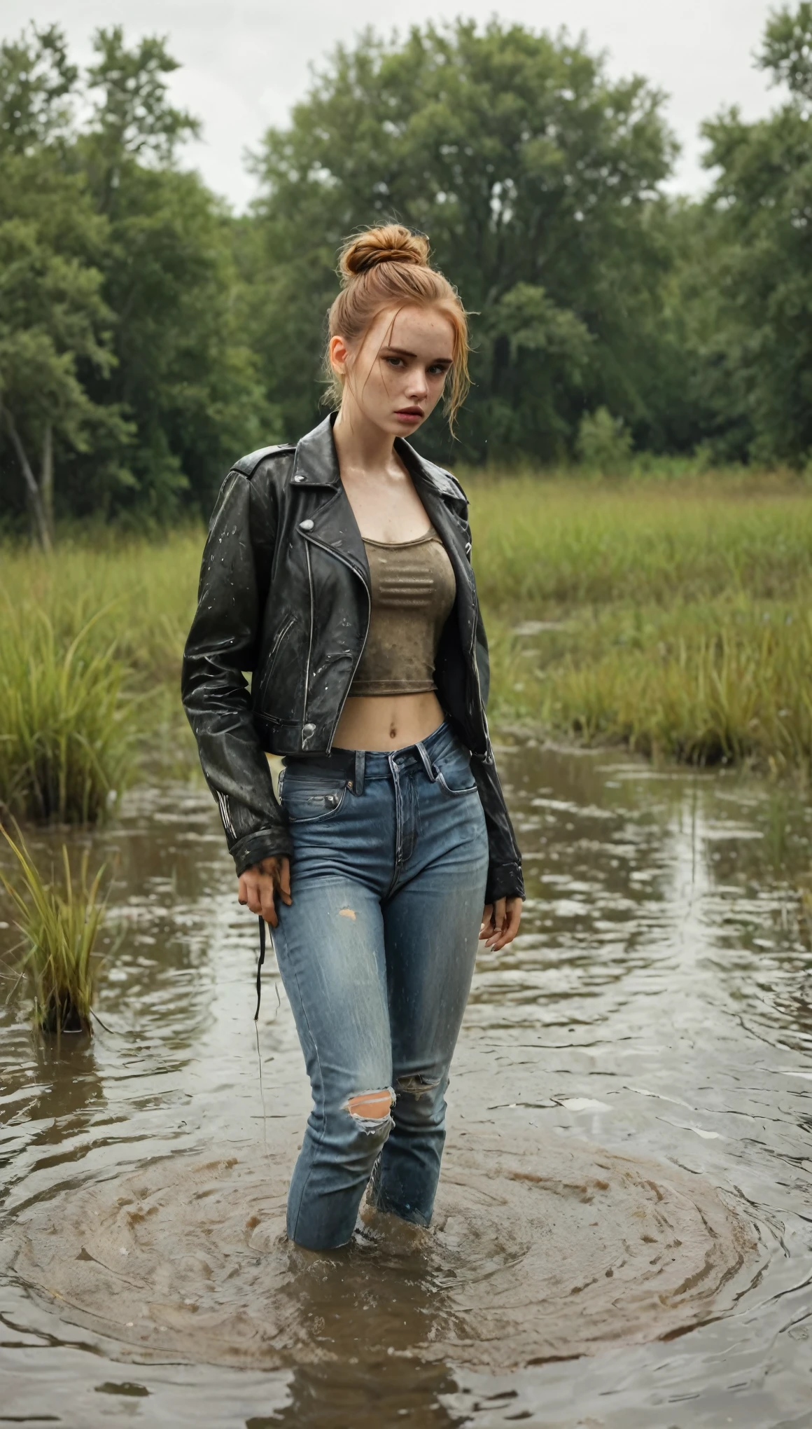 masterpiece, professional, sensation, attention-grabbing,  girl, drowning in a swamp, drowning, sinking, long messy loose bun, freckles, wearing soaking wet jeans, messy, faded leather biker jacket, t-shirt, pale skin, lifeless expression, dry-humping, intimate moment:1.2, fetishistic desires