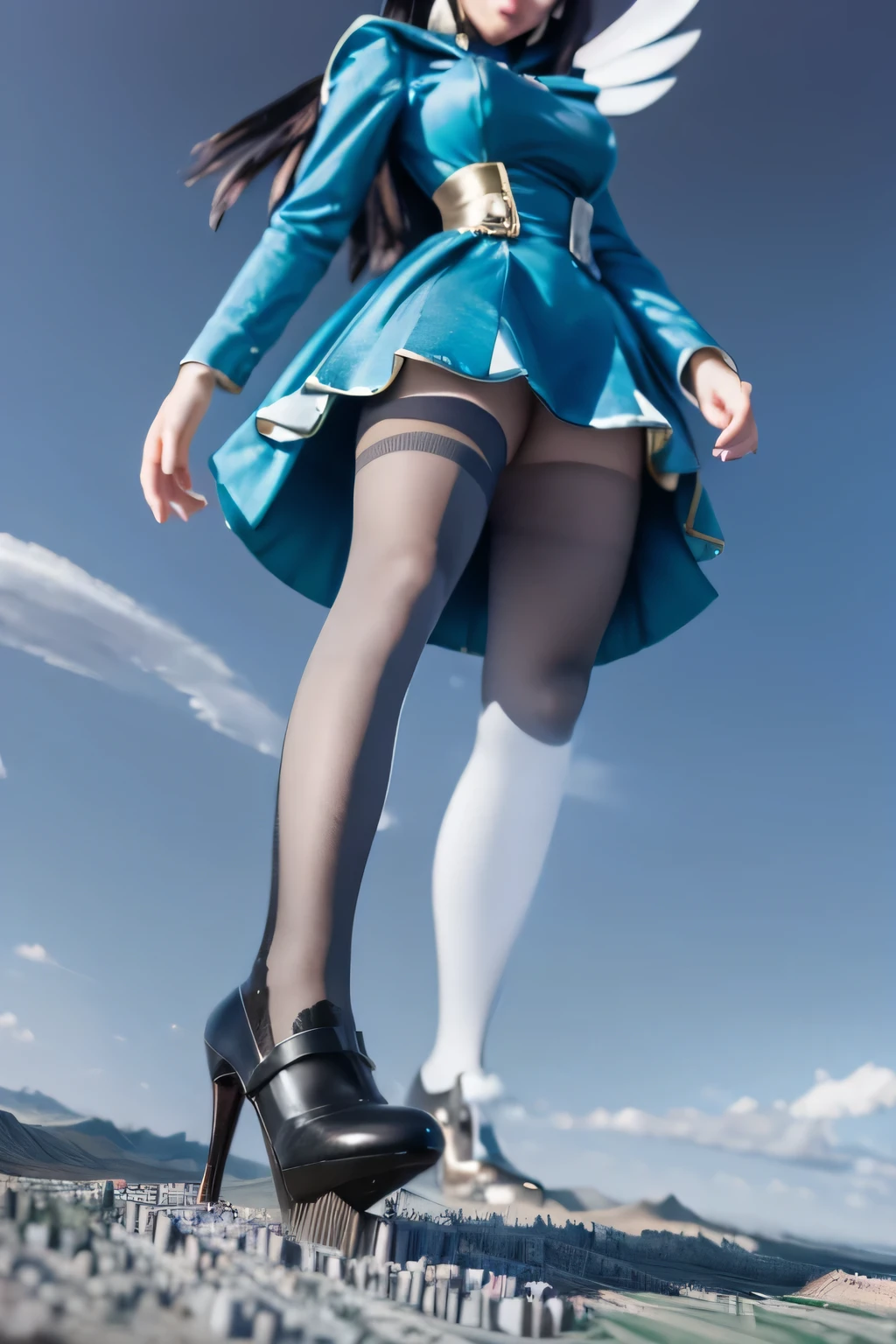 giantess art, highly detailed giantess shots, giantess, most detailed, perfect face, Two legs, Five fingers, A beautiful girl who is bigger than a skyscraper, Wearing rimless glasses, smile, huge breasts, blue base and white accents magical girl dress, bow, magical girl, holding a magical wand, black pantyhose, blue stiletto heels, thunderbolt from a magical wand, Destroying cities, Under heavy attack, A very small big city, Miniature metropolis, Full body description, GTS, giga giantess, stomping city, crash city, tiny city, micro city, pantyhose feet, High resolution, highest quality, masterpiece, 