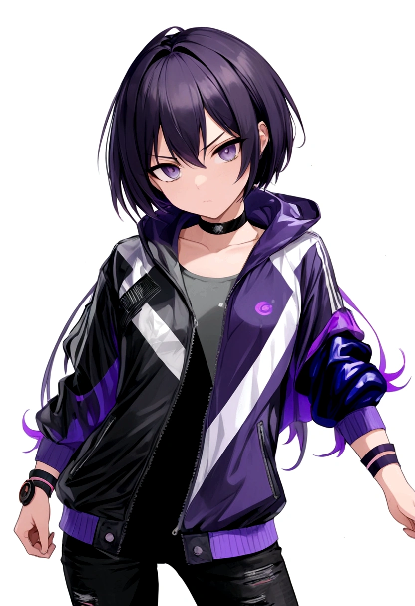 full body, tomboy, mature, sexy, smart, short hair color black, short pitch black hair, eyes pupil purple, Short jacket, black plain tank top, long black plain jeans, black sneakers with purple ties, black chokers, anime style, vibrant colors, digital painting, white background.