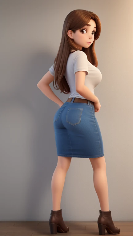 38-year-old woman, Full body photo、Buckshot、Looking Back、Long brown hair, Thin face, Sexy Face,、Denim pencil skirt、Long skirt、T-Shirts、Large Breasts、Big Ass、Deep slit、