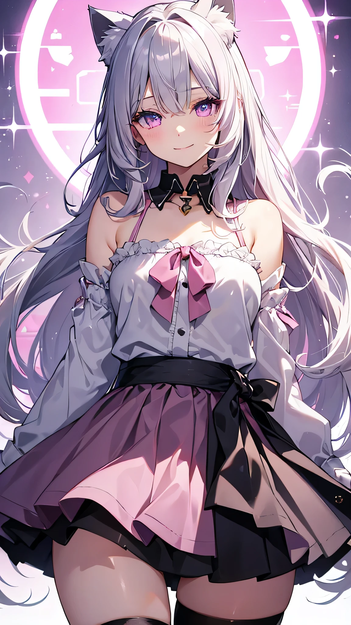 masterpiece,highest quality,Highly detailed face,Fine grain,Sparkling eyes,Highlighted eyes,Medium chest,pretty girl,Proud expression,Cat ear,Beautiful silver hair,Pink inside,Beautiful pink eyes,Dahlia,hoodie、skirt、black tights