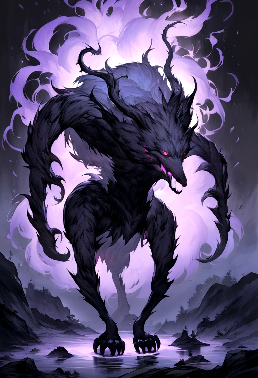 mystical creature, made of black smoke with purple, that is in the shape of an animal.