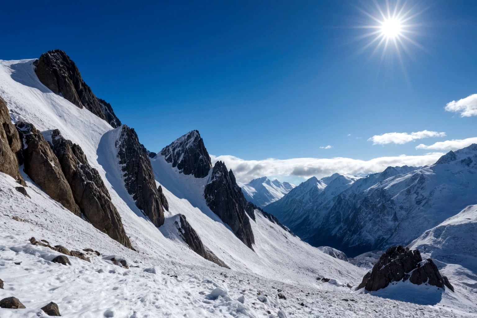 AMONG THE STEEP AND INTRINSIC MOUNTAINS WITH SHARP ROCKS WITH SNOW AND ICE, THE CLEAR AND COLD SKY HAS THE CLOUDS DESTROYED BY THE FREEZING WIND FROM THE POLE, IMAGEN HIPER REALISTA, MAXIMUM DEPTH OF FIELD, MAXIMUM HDR 4K RESOLUTION, PERSPECTIVA PERFECTA
