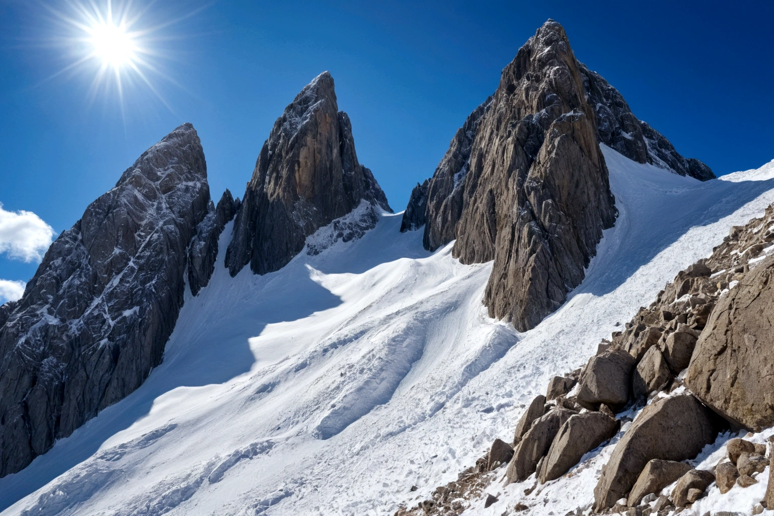 AMONG THE STEEP AND INTRINSIC MOUNTAINS WITH SHARP ROCKS WITH SNOW AND ICE, THE CLEAR AND COLD SKY HAS THE CLOUDS DESTROYED BY THE FREEZING WIND FROM THE POLE, IMAGEN HIPER REALISTA, MAXIMUM DEPTH OF FIELD, MAXIMUM HDR 4K RESOLUTION, PERSPECTIVA PERFECTA
