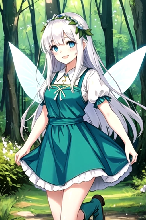 solo, 1girl, fairy, wings, pale-skinned with freckles, long white hair, blue eyes, confident smile, green dress, brown boots, landscape of a beautiful forest
