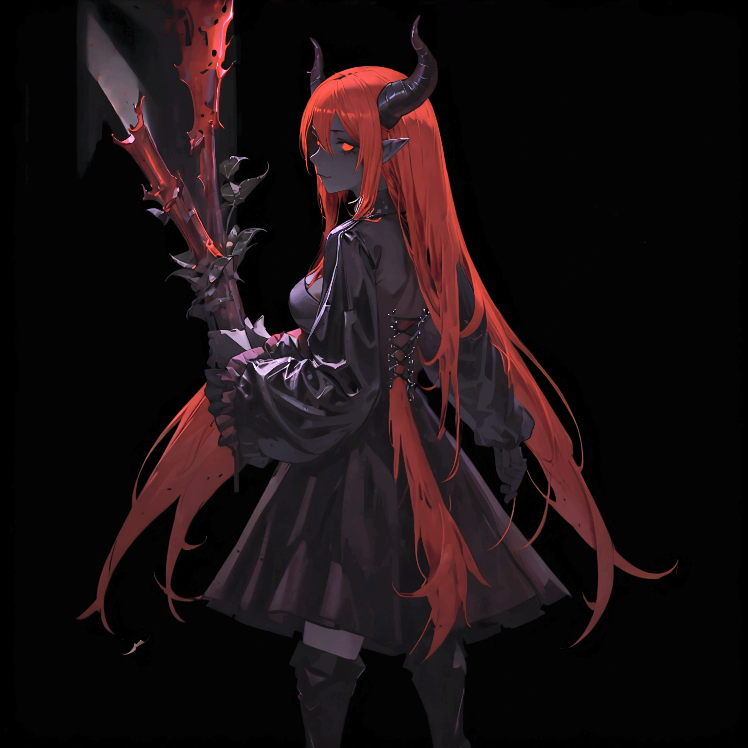 a gothic sexy succubus with long demon horns, has crimson red skin, wearing black leather bdsm gear, in a dark black room, has a feint aura, backlit