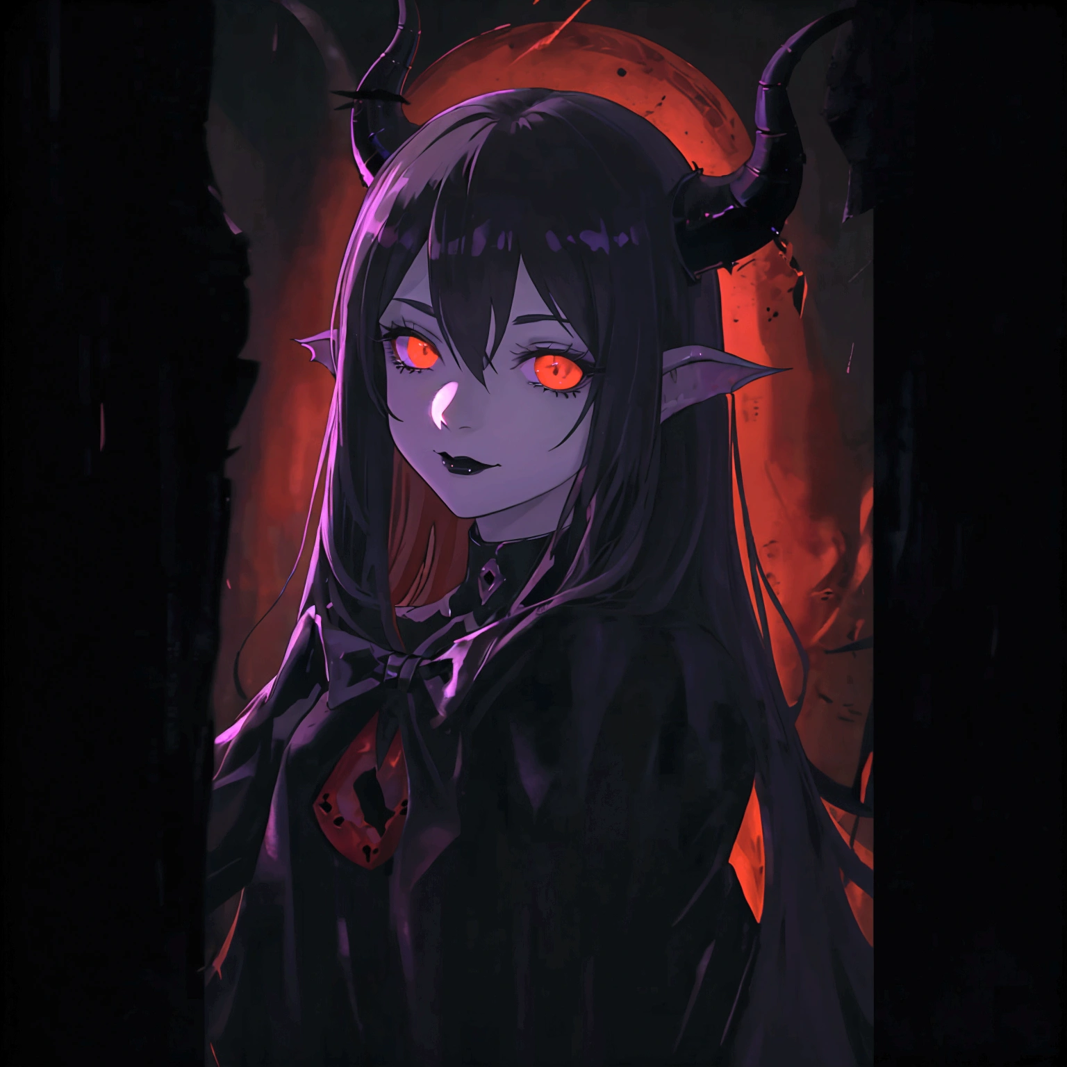 a gothic sexy succubus with long demon horns, has crimson red skin, wearing black leather bdsm gear, in a dark black room, has a feint aura, backlit