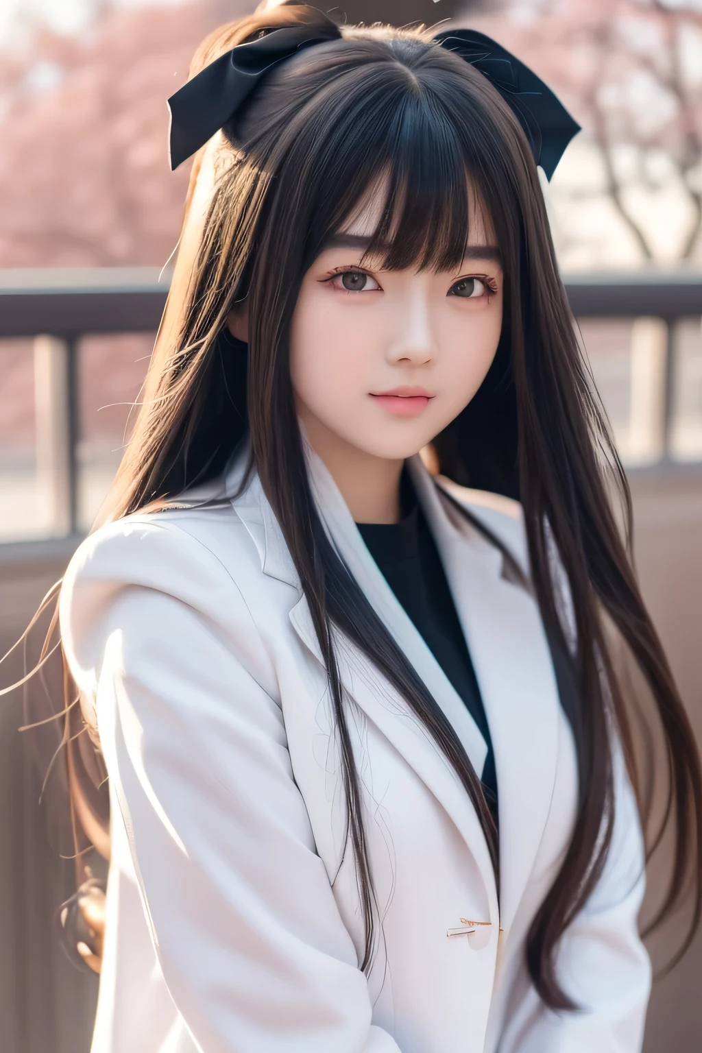 There was a woman with long hair wearing a white jacket and a bow., Korean girl, realistic anime girl, Chinese girl, Anime girls in real life, long hair anime girl, White Hime cut hairstyle, Natural cute anime face, Realistic 3D anime style, beautiful anime girl, With a cute-detailed face, beautiful anime pictures, beautiful south korean women