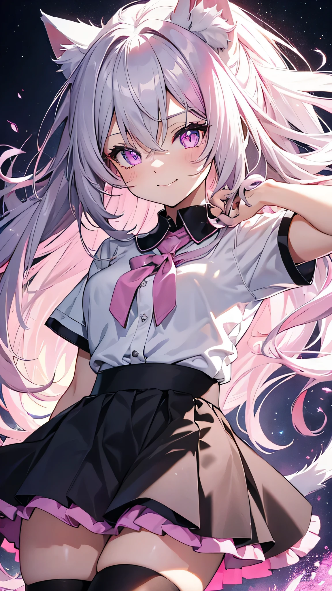 anime,Sparkling eyes,Highlighted eyes,Medium chest,pretty girl,smile,Cat ear,Beautiful silver hair,Pink inside,Beautiful pink eyes,Oversized shirt,skirt,black tights
