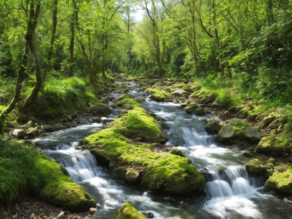 Stream coming down hill, trees next to stream, realistic, photorealistic, hyperealistic, small animals and birds by stream, blue sky, occasional small clouds, 