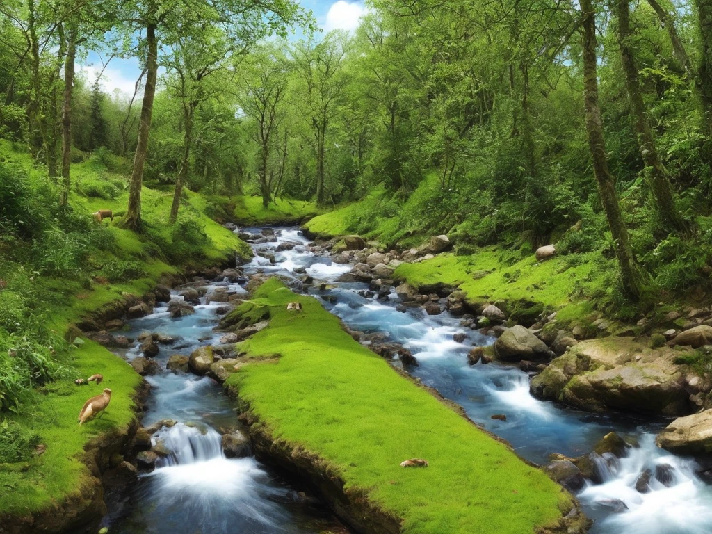 Stream coming down hill, trees next to stream, realistic, photorealistic, hyperealistic, small animals and birds by stream, blue sky, occasional small clouds, 