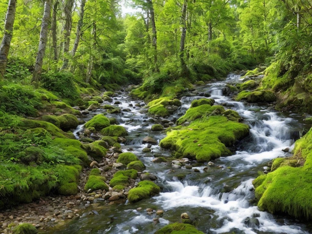 Stream coming down hill, trees next to stream, realistic, photorealistic, hyperealistic, small animals and birds by stream, blue sky, occasional small clouds, 