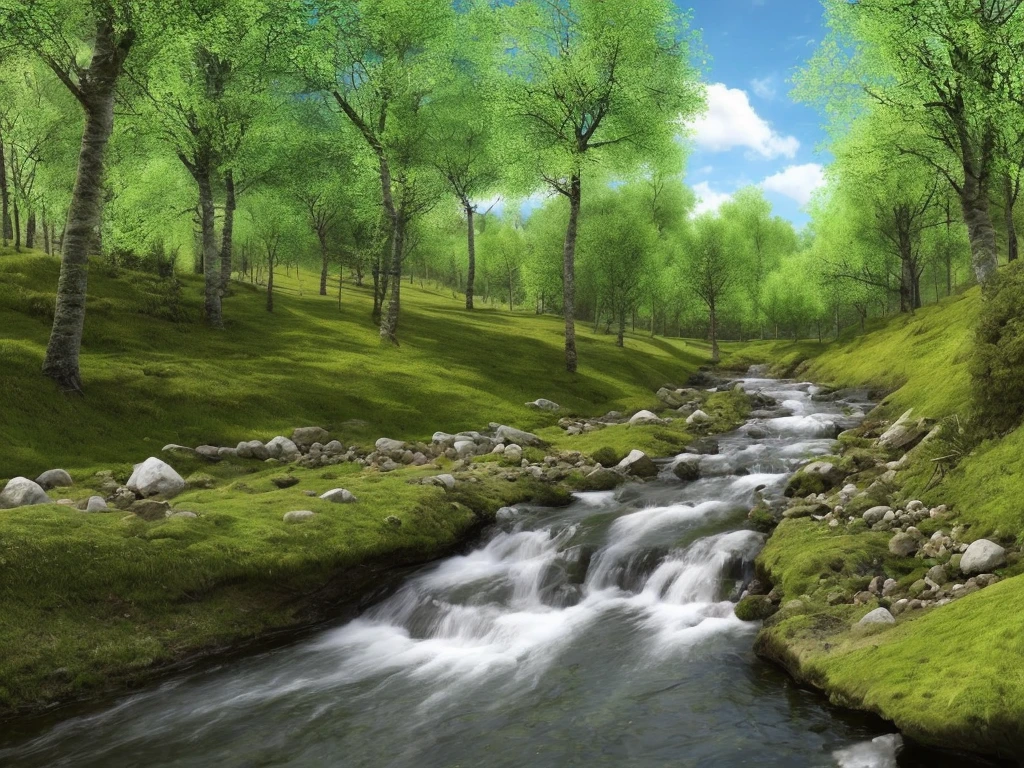 Stream coming down hill, trees next to stream, realistic, photorealistic, hyperealistic, small animals and birds by stream, blue sky, occasional small clouds, 