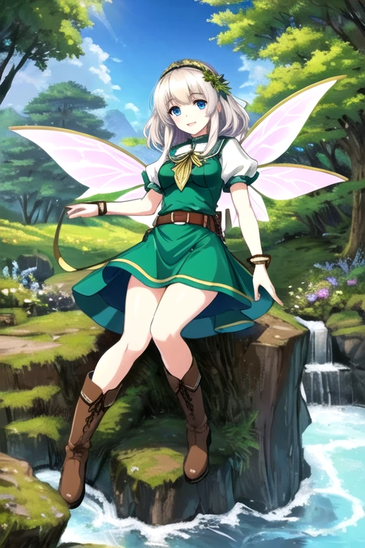 (best quality:1.3), (4K quality),masterpiece, best quality, high res, detailed, (Detailed face:1.2), (Detailed eyes:1.2), (Perfect figure:1.2), CARTOON, ANIME, CARTOON ARTSTYLE, Fantasy style, Fantasy setting, solo, 1girl, fairy, wings, pale-skinned with freckles, long white hair, blue eyes, confident smile, long green dress, leather belt, brown boots, landscape of a beautiful forest