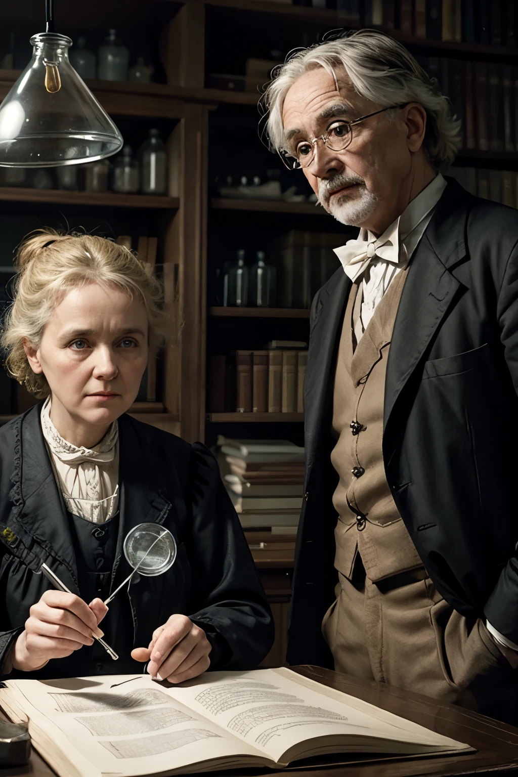 a detailed portrait of Marie Curie, Thomas Edison, and Albert Einstein, together in a scientific laboratory, historical figures, scientific pioneers, scientific discoveries, scientific instruments, lab equipment, scientific papers, books, beakers, test tubes, magnifying glass, serious expressions, intellectual discussion, masterpiece, high quality, photorealistic, 8k, intricate details, dynamic lighting, dramatic shadows, warm tones