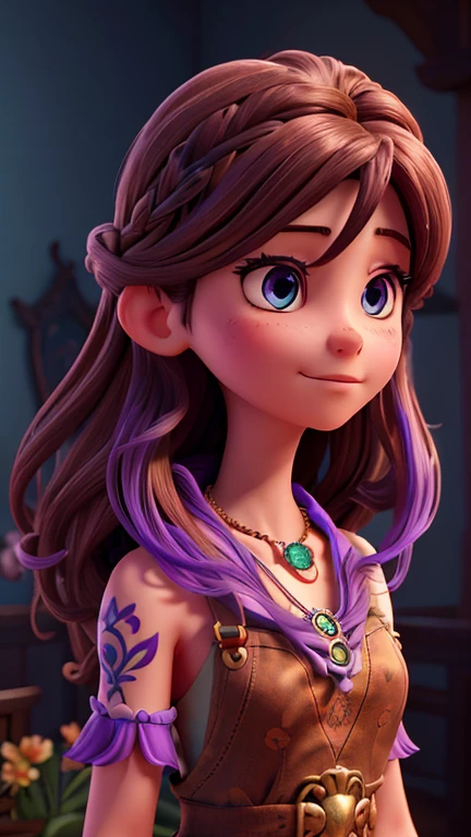 The image depicts a stylized, digital artwork of a female character. She has long, flowing brown hair adorned with purple flowers, giving her a mystical or ethereal appearance. The character has striking blue eyes and is wearing a detailed, ornate necklace with a circular pendant. Her skin is fair, and she has a tattoo or design on her right shoulder that resembles a feather or leaf motif. The overall aesthetic of the image is quite detailed and suggests a fantasy or fantasy-inspired theme. The character's expression is neutral, and she is looking directly at the viewer, which gives the image a sense of engagement.