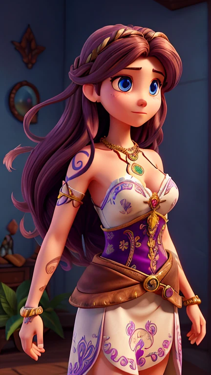 The image depicts a stylized, digital artwork of a female character. She has long, flowing brown hair adorned with purple flowers, giving her a mystical or ethereal appearance. The character has striking blue eyes and is wearing a detailed, ornate necklace with a circular pendant. Her skin is fair, and she has a tattoo or design on her right shoulder that resembles a feather or leaf motif. The overall aesthetic of the image is quite detailed and suggests a fantasy or fantasy-inspired theme. The character's expression is neutral, and she is looking directly at the viewer, which gives the image a sense of engagement.