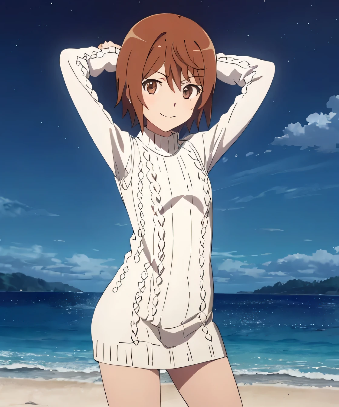 1girl, (shapely body), solo, hdr, saiai kinuhata, solo, short hair, brown hair, brown eyes, jewelry, sweater, solo focus, solo, night sky, beach, arms behind head, contrapposto, spread armpits, closed mouth, smile, (cowboy shot:1.5), looking at viewer, v, white sweater, sweater dress, 