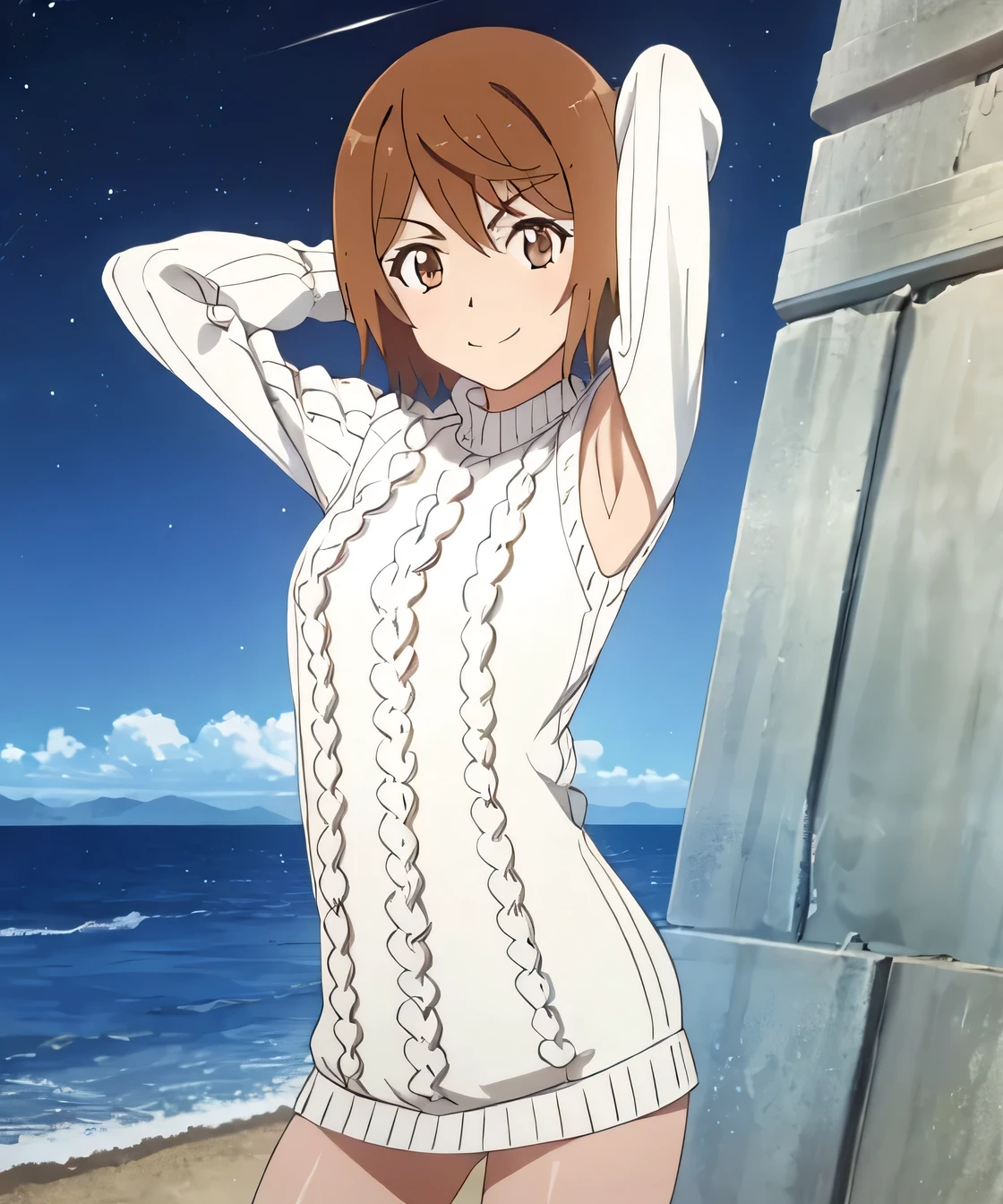 1girl, (shapely body), solo, hdr, saiai kinuhata, solo, short hair, brown hair, brown eyes, jewelry, sweater, solo focus, solo, night sky, beach, arms behind head, contrapposto, spread armpits, closed mouth, smile, (cowboy shot:1.5), looking at viewer, v, white sweater, sweater dress, 