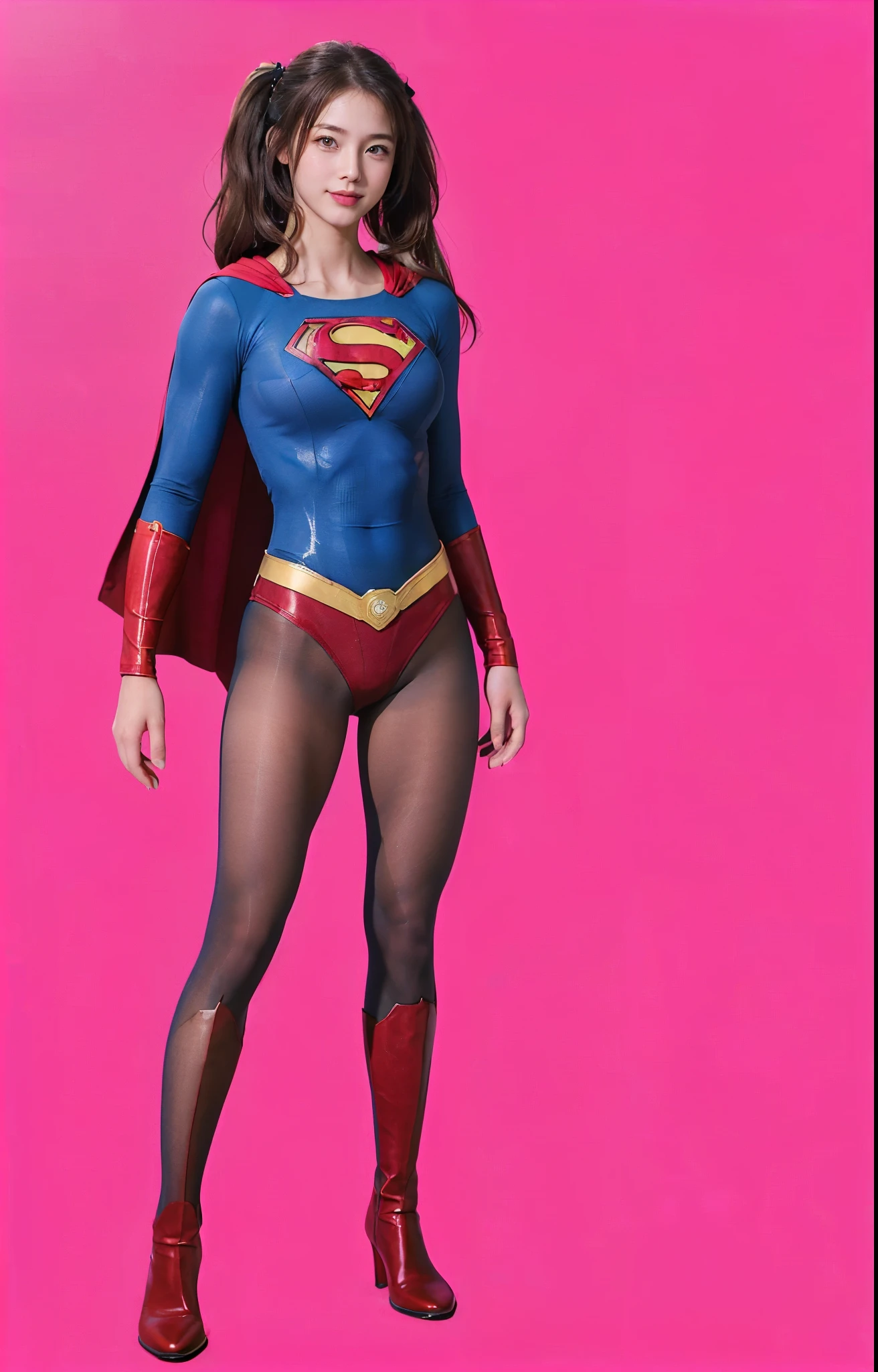 No background、(((Beautiful legs in black tights.)))、(((Legally express the beauty of your smile)))、((((Make the most of your original images)))、(((体にぴったりフィットするSupergirl Costume)))、(((Supergirl Costume)))、(((Beautiful twin tail hairstyle)))、(((She is winking cutely.)))、(((Please wear black tights....、Wear red boots)))、((Best image quality、8k))、((highest quality、8k、masterpiece:1.3))、(((Preserve background )))、Sharp focus:1.2、Beautiful woman with perfect figure:1.4、Slim Abs:1.2、Wet body:1.5、Highly detailed face and skin texture、8k