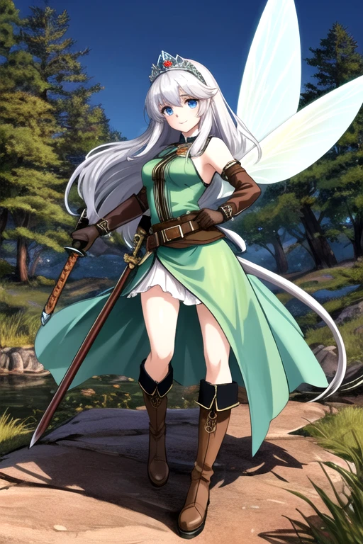 (best quality:1.3), (4K quality),masterpiece, best quality, high res, detailed, (Detailed face:1.2), (Detailed eyes:1.2), (Perfect figure:1.2), CARTOON, ANIME, CARTOON ARTSTYLE, Fantasy style, Fantasy setting, solo, 1girl, fairy, wings, pale-skinned with freckles, long white hair, blue eyes, confident smile, silver headpiece, long green dress, leather belt, brown leather gloves, brown boots, holding a sword, landscape of a beautiful forest
