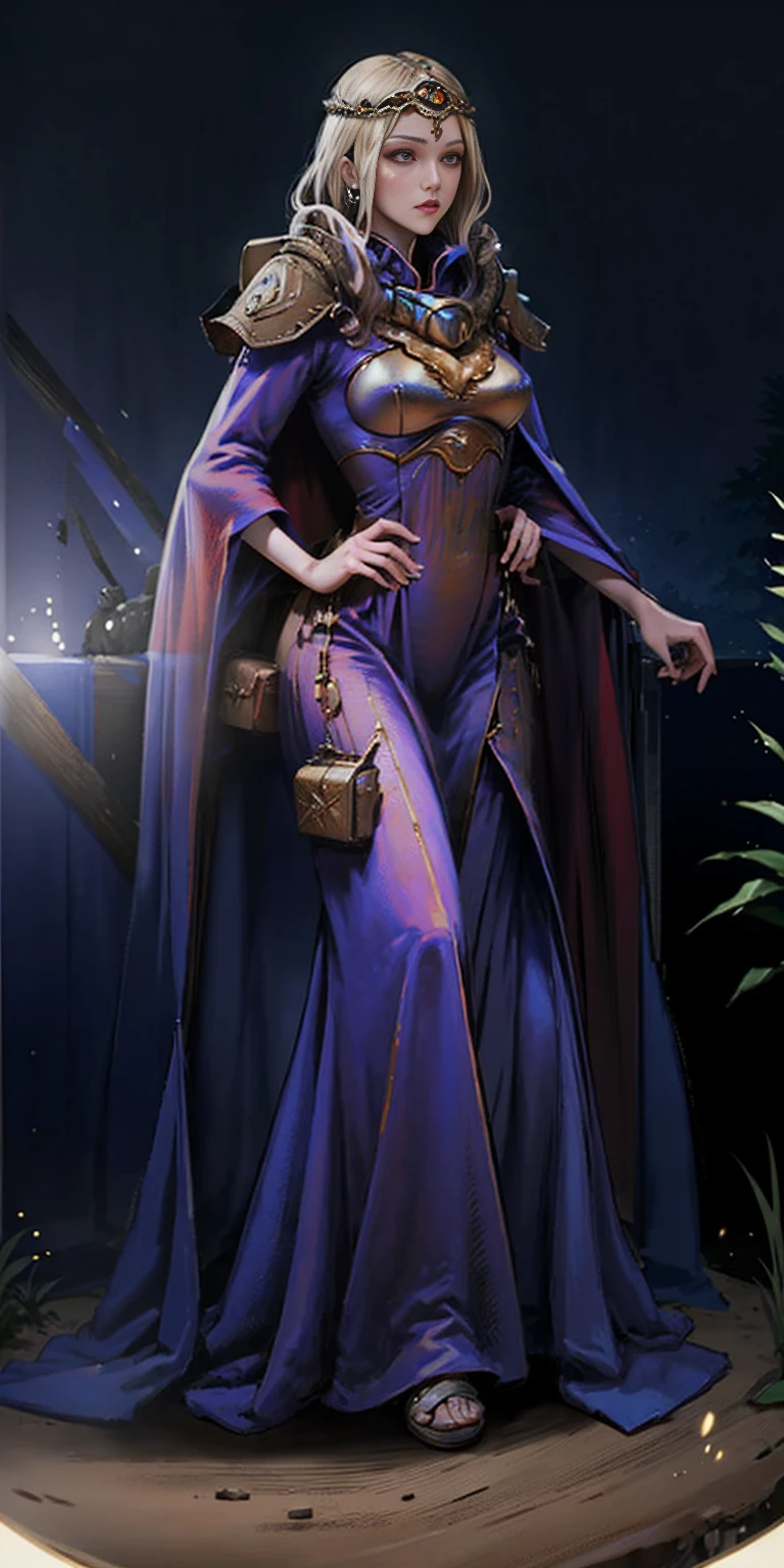 full body toe to head, masterpiece, 1soloMILF BIMBO standing pose long cape, strong body, abs, shiny skin (masterpiece, best quality) 1girlsolo (the empress:1.15) (red cape) curtain, armored dress, queen dress, aurora (sunshine, sky, river, forest)