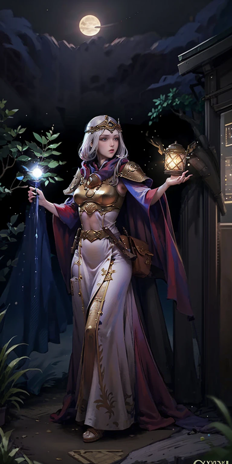 full body toe to head, masterpiece, 1soloMILF BIMBO standing pose long cape, strong body, abs, shiny skin (masterpiece, best quality) 1girlsolo (the empress:1.15) (red cape) curtain, armored dress, queen dress, aurora (sunshine, sky, river, forest)