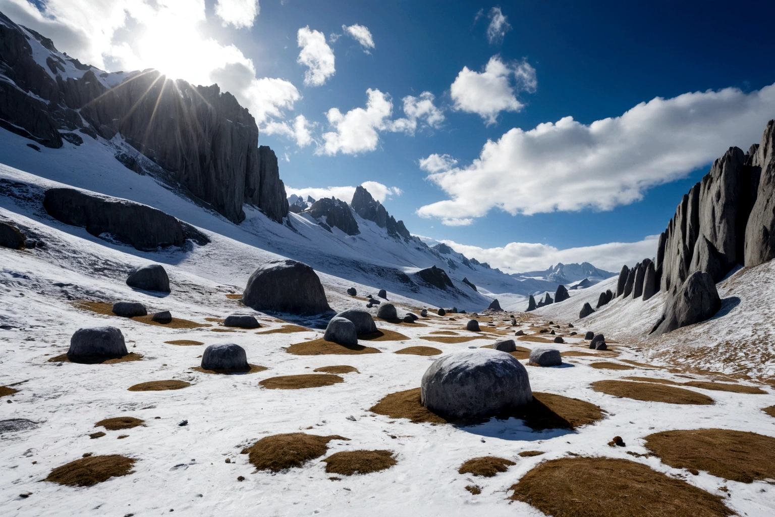 ((HAY UNA FORTALEZA ESTILO BRUTALISTA DE CONCRETO Y PASA UNA NAVE ESPACIAL VOLANDO  FUTURISTA SIGLO 40 DC))AMONG THE STEEP AND INTRINSIC MOUNTAINS WITH SHARP ROCKS WITH SNOW AND ICE, THE CLEAR AND COLD SKY HAS THE CLOUDS DESTROYED BY THE FREEZING WIND FROM THE POLE, IMAGEN HIPER REALISTA, MAXIMUM DEPTH OF FIELD, MAXIMUM HDR 4K RESOLUTION, PERSPECTIVA PERFECTA
