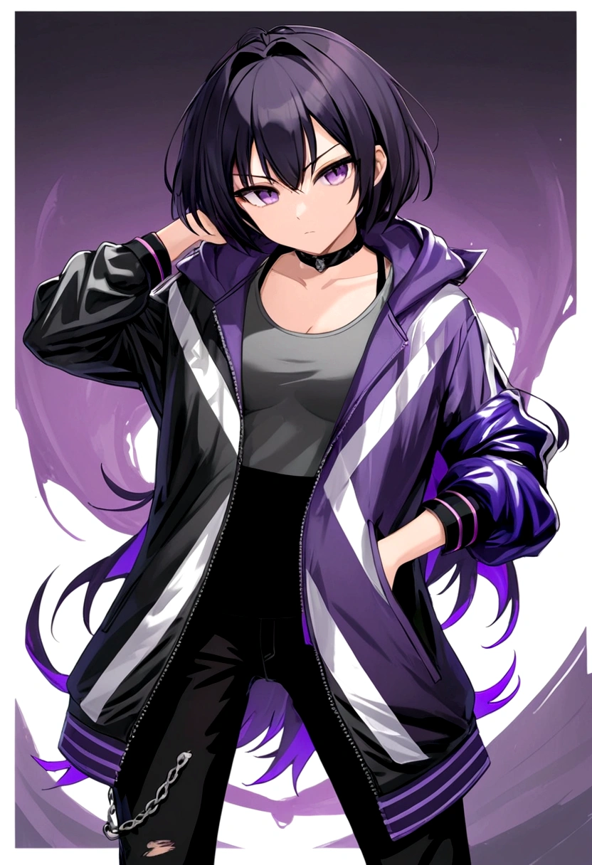 full body, tomboy, mature, sexy, smart, short black hair color black, short pitch black hair, eyes pupil purple, Short jacket, black plain tank top, long black plain jeans, black sneakers with purple ties, black chokers, anime style, vibrant colors, digital painting, black with glowing red burn piece chain fall in air background.