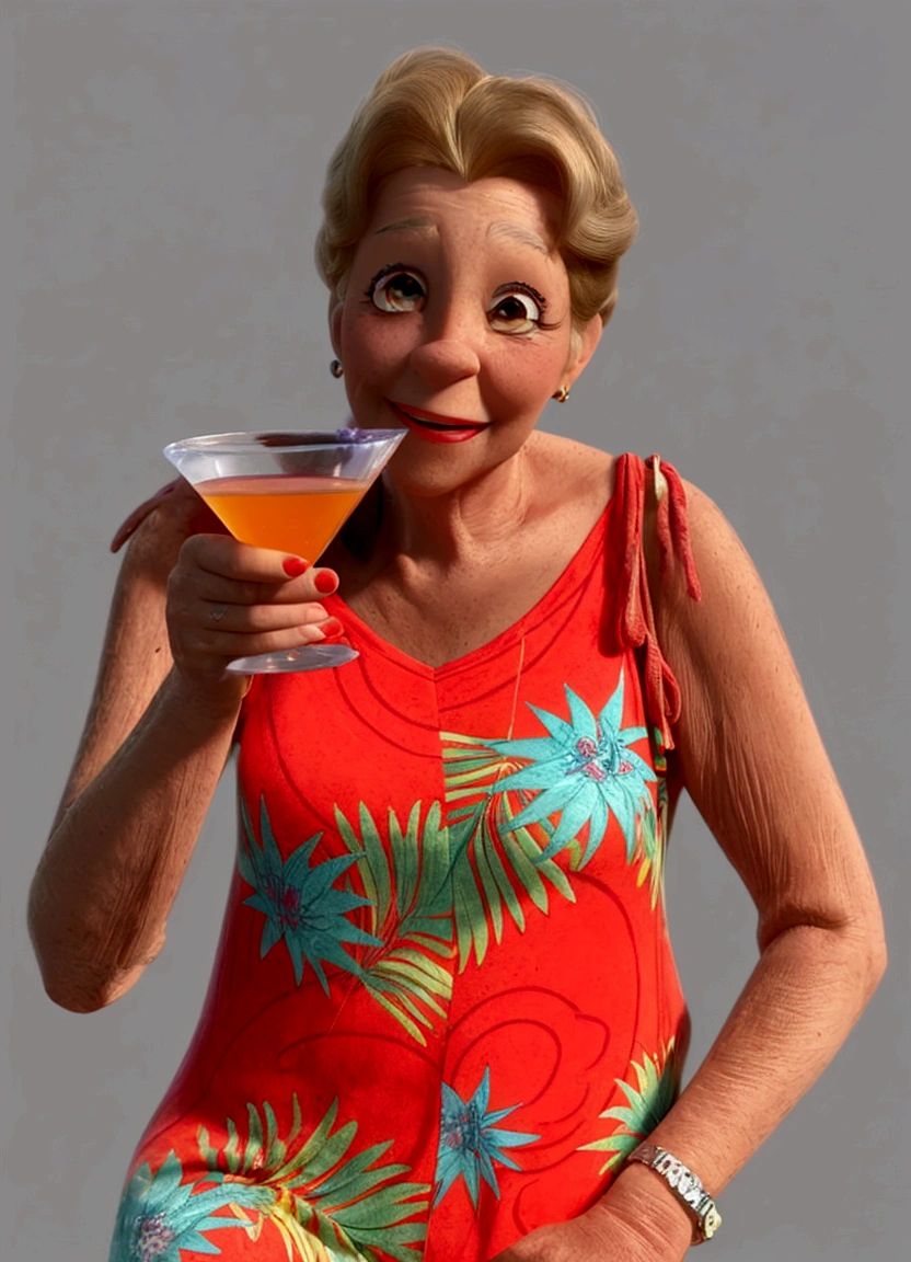 Cartoon, mulher de 70 anos, loira, cabelo curto, smiling and holding a martini glass, PIXAR animation style rendering