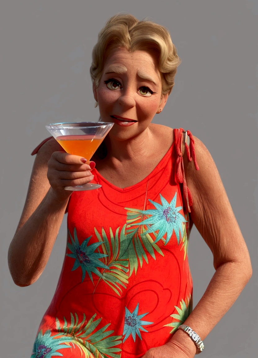 Cartoon, mulher de 70 anos, loira, cabelo curto, smiling and holding a martini glass, PIXAR animation style rendering