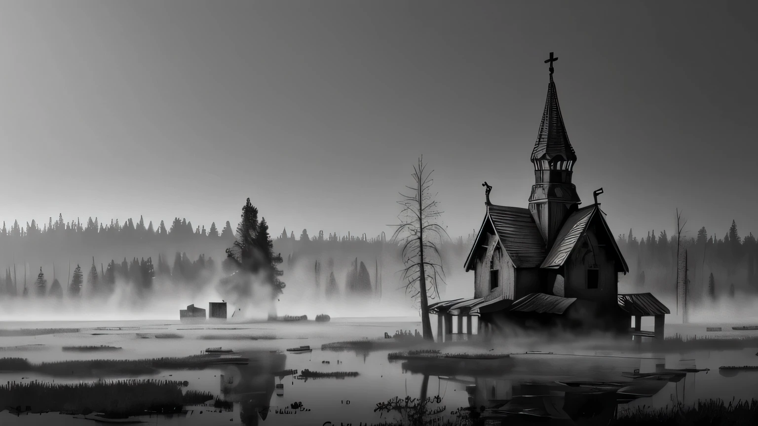 b/w pencil illustration, Russian Slavic wooden church ruins ((sunken in a swamp)), (Pagan slavic village ruins), (Russian) swamp with (birch trees), ((fog)), diffused light, foggy morning, Dark Souls, Dark Fantasy