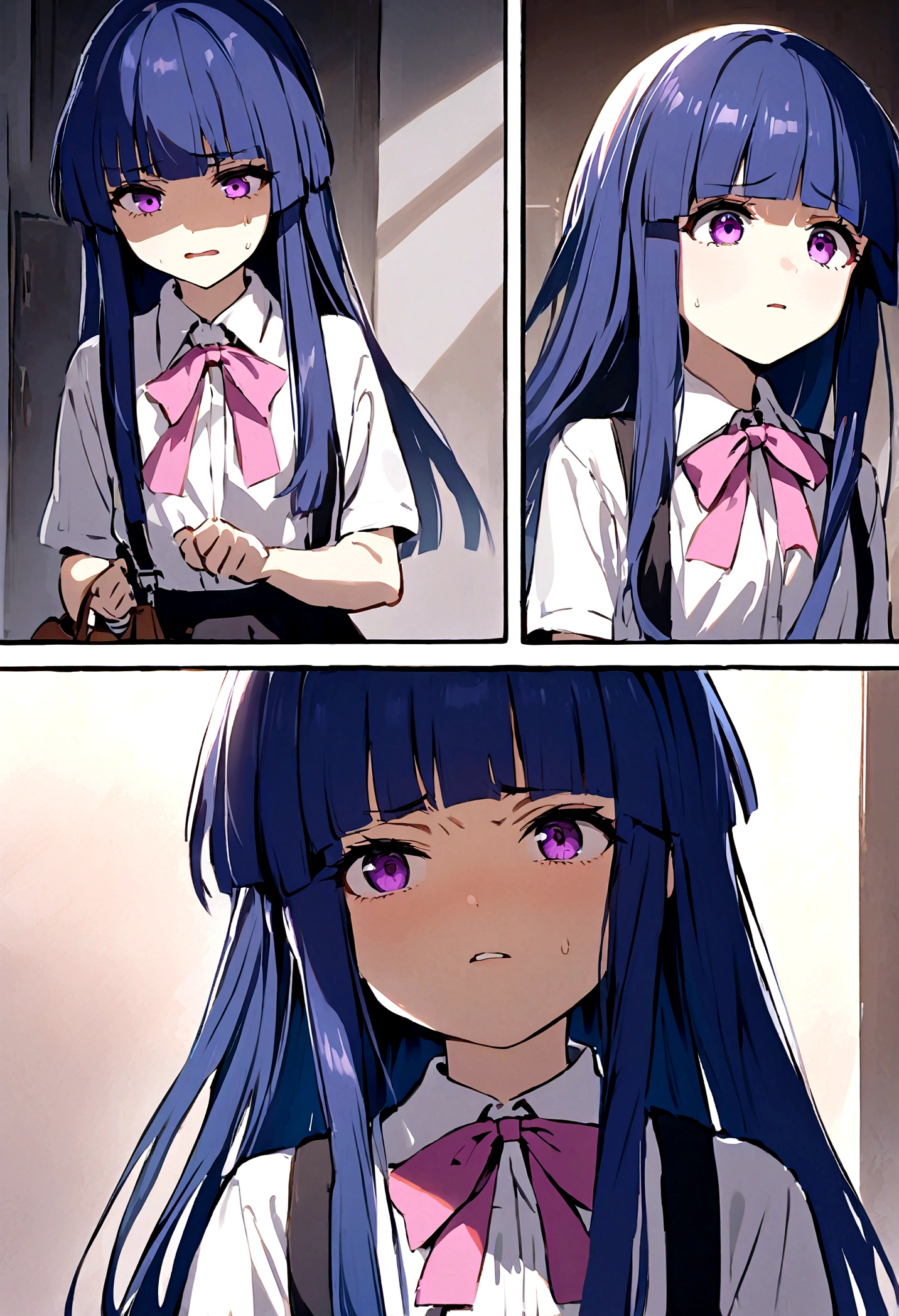 The  looks at him with disgust., Strong gaze, Emotional facial expressions, rejection, Brow wrinkles, Purse your lips, Bright lighting, situation, Impact, Little, One girl, (furude rika), blue hair, purple eyes, long hair, blunt bangs, bangs, white shirt, pink bow, suspenders, black skir,