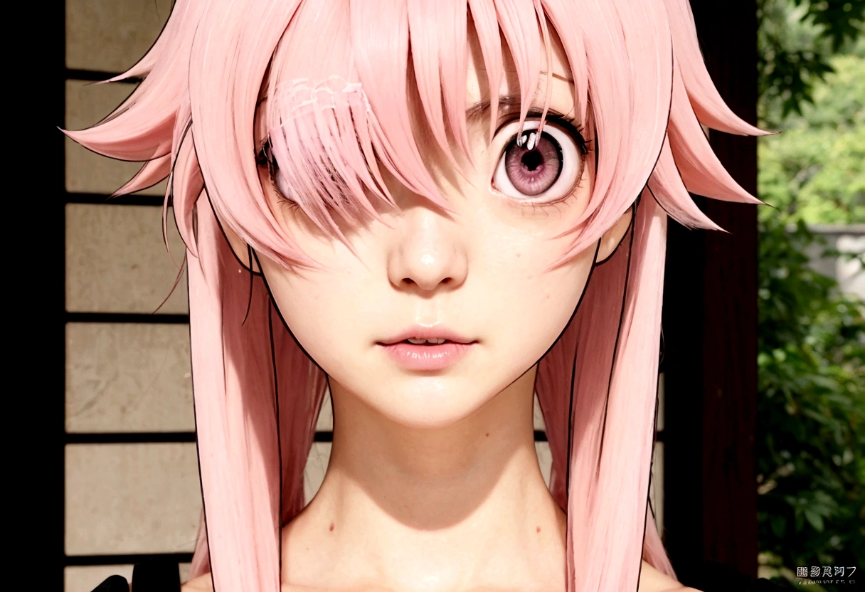 Anime girl with pink hair and pink eyes looking at the camera., young adult anime girl 26 years old gasai yuno hyperrealistic, Mirai nikki, gasai yuno, primer plano de otro iwakura, closeup of young adult girl 26 years old hyper realistic anime, primer plano de otro iwakura, cheered up", viajar mirai nikki, as an personaje animado, personaje animado hiperrealista, cara de chica anime extremadamente linda hiperrealista