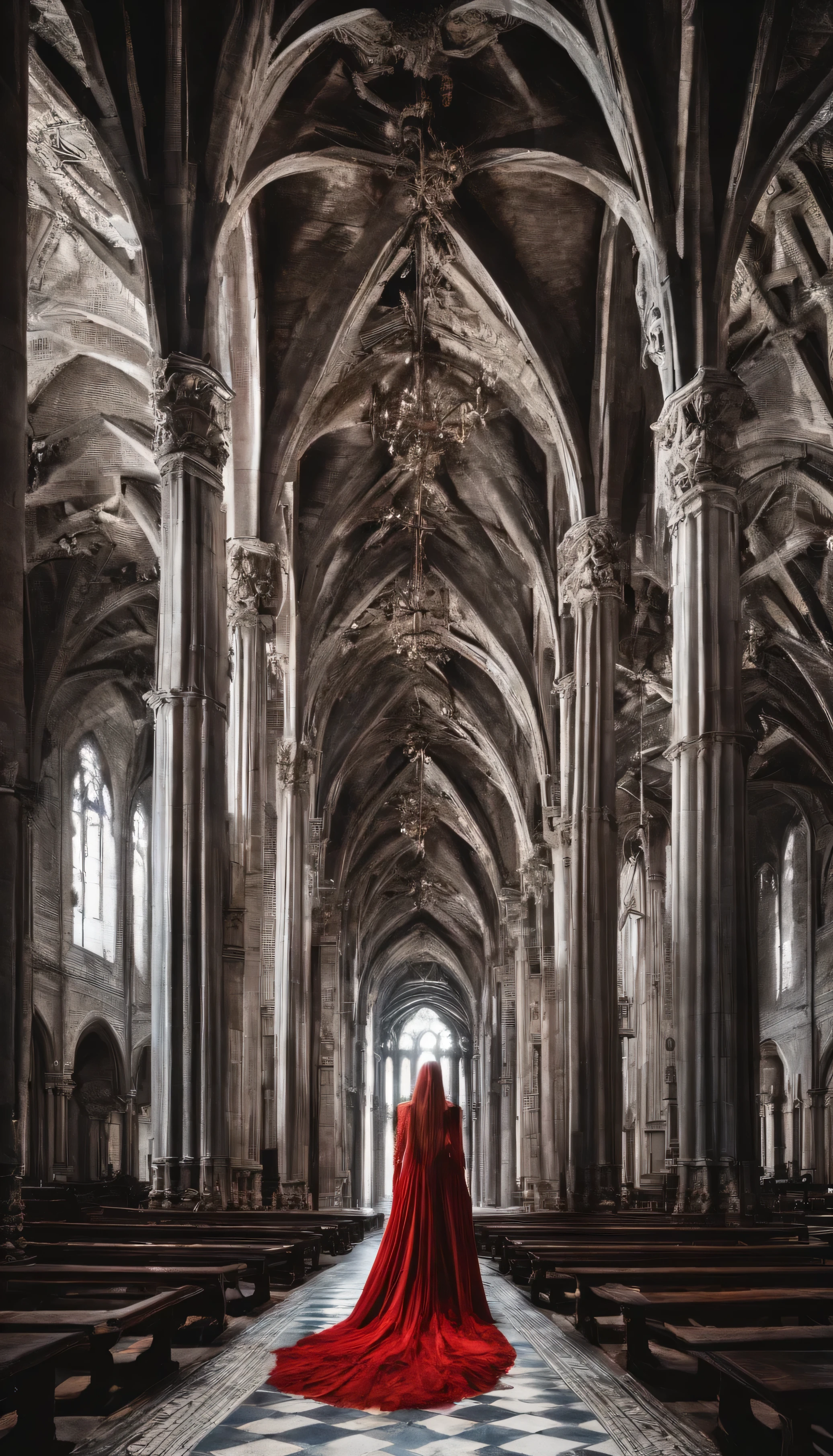 Uma rainha ruiva de vestido vermelho. A gigantic hall with pillars up to the ceiling. Janelas grandes. E dois belos tronos reais. Cores quentes. 8k. Medieval.