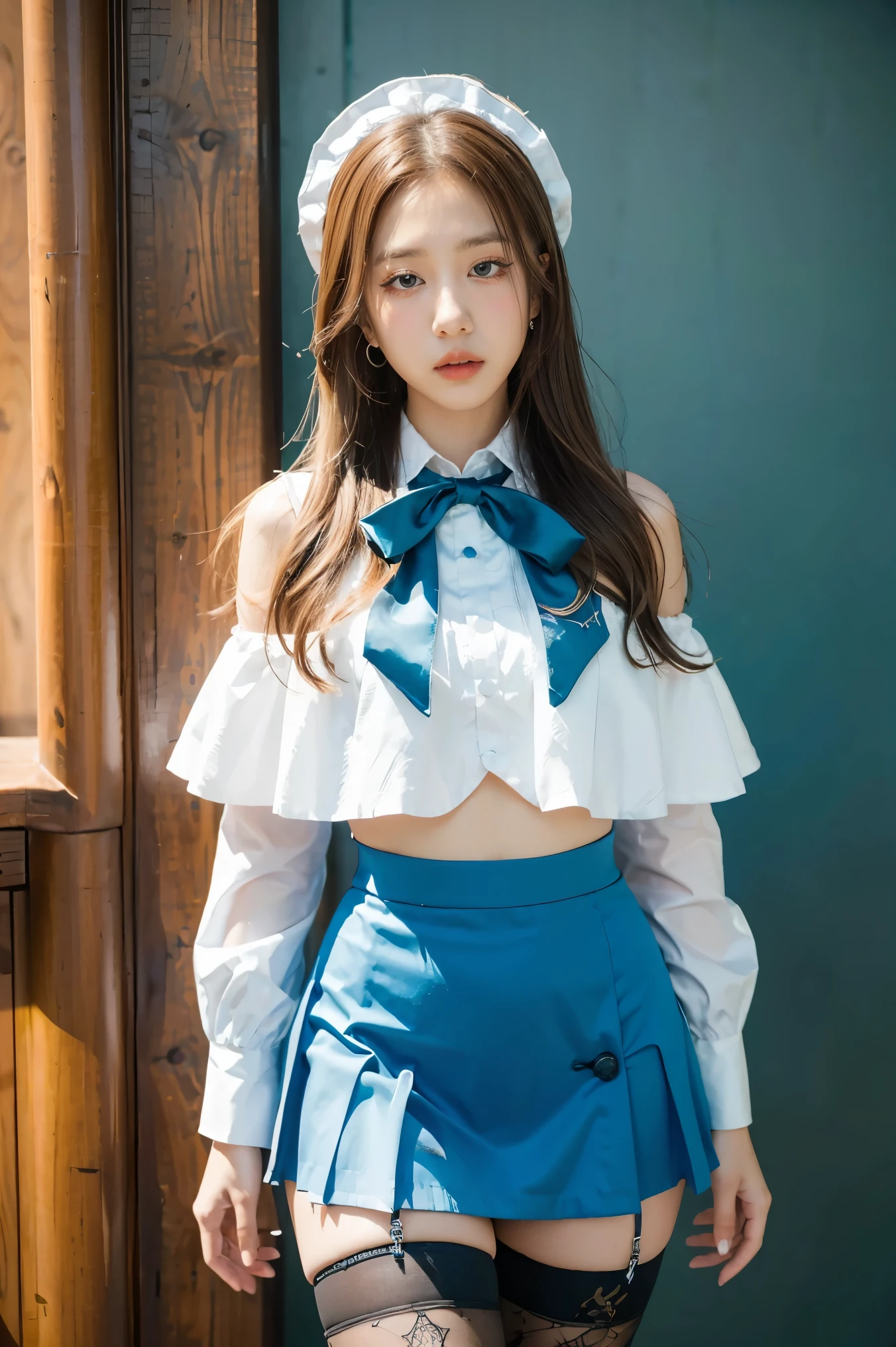 (masterpiece, best quality:1.2), cowboy shot, solo, 1girl, charlotte aulin, expressionless, closed mouth, looking at vewer, ascot, capelet, skirt, blue thighhighs