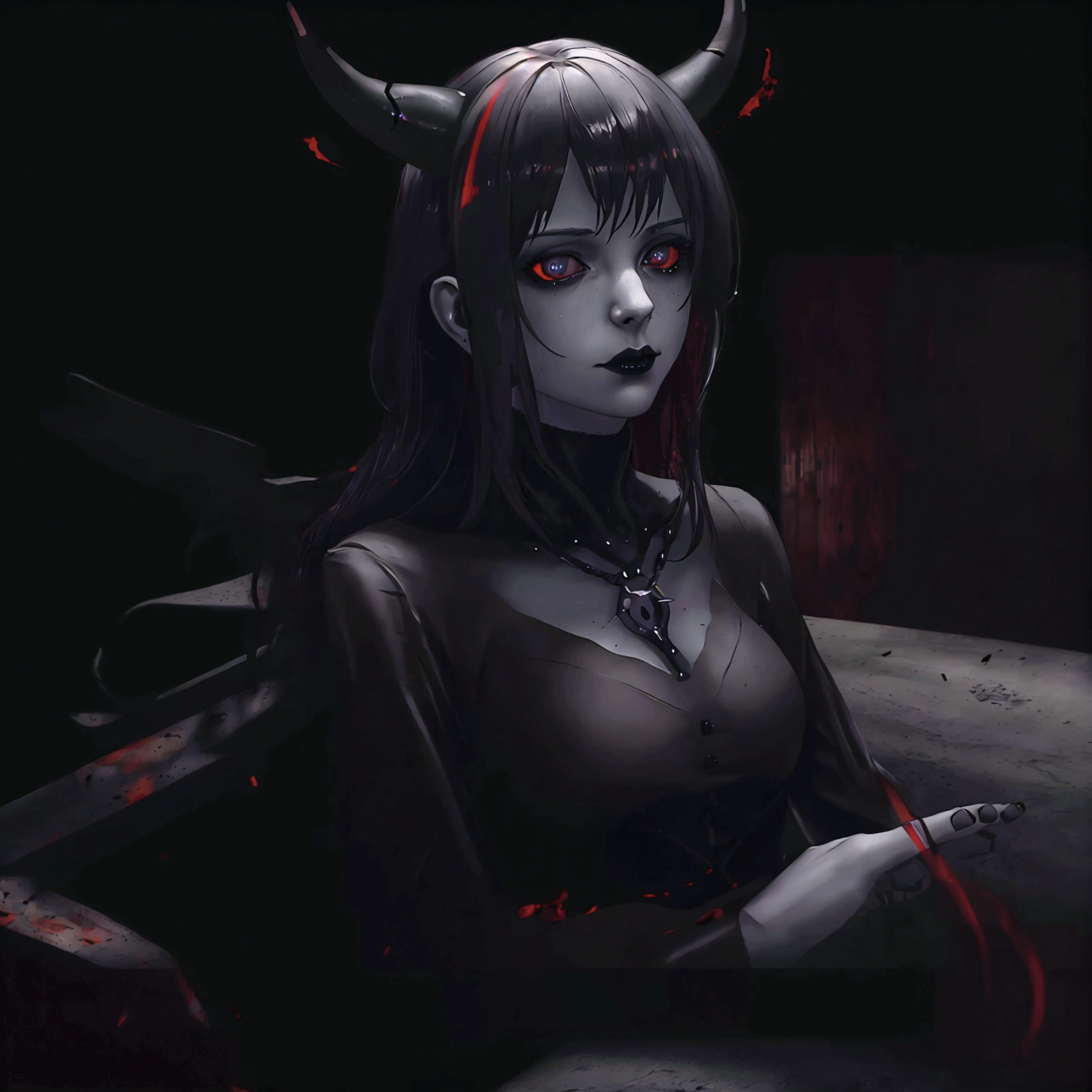 DarkSpheraStyle, Spiritual World, low View, scary evil demonic horrific demon dog, horns, demons tails, siting in dark, fantasy world, highly detailed, film grain, horror (theme)