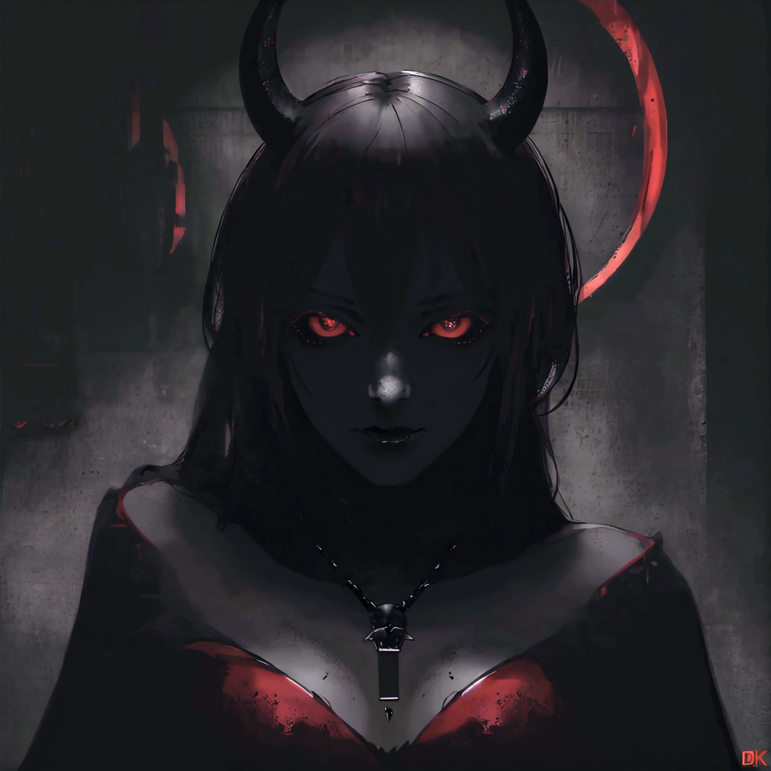 anime style woman, naked woman with very white skin, blood red demonic samurai mask on half of the face, blood red demonic samurai mask on right and left side, blood red triangle behind with dark red clouds inside, completely black image background