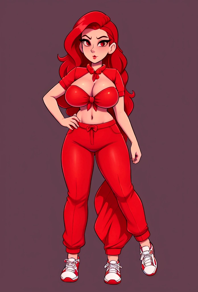 A tall sexy tough woman beautiful attractive big breast long wavy red hair her big red eye black eyelash pink lip she dresses red blouse tied knot shows navel sexy curve and her long gray pants red sneakers 