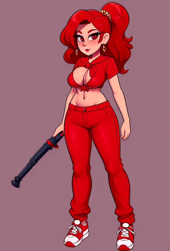 A tall sexy tough woman beautiful attractive big breast long wavy red hair her big red eye black eyelash pink lip she dresses red blouse tied knot shows navel sexy curve and her long gray pants red sneakers
