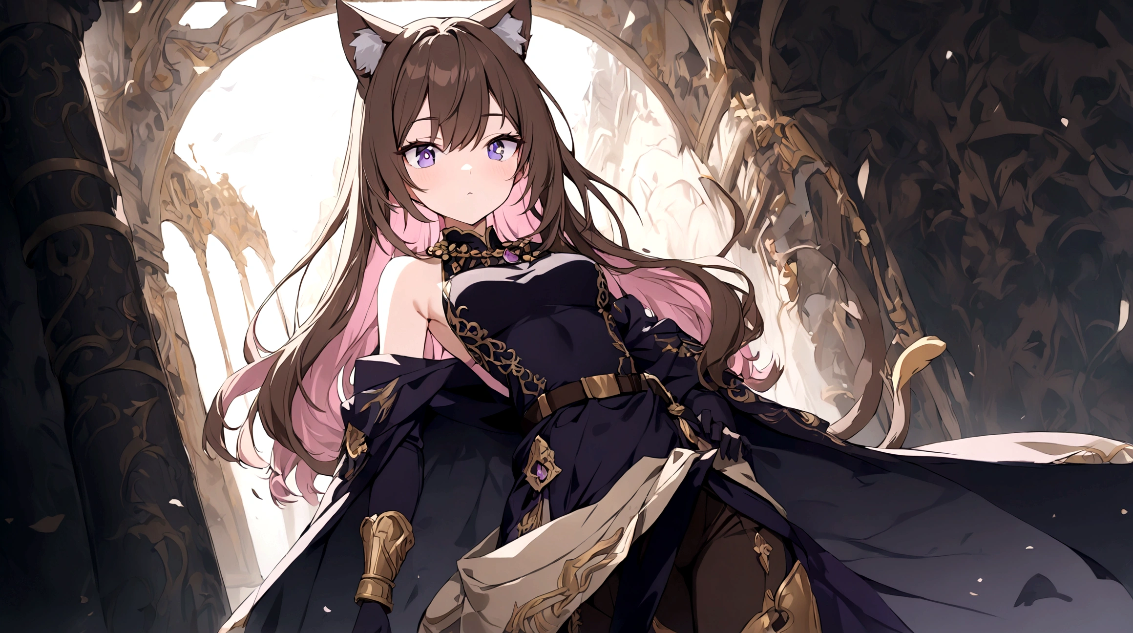 (1girl, Masterpiece, best quality) (detailed and beautiful eyes:1.6) (perfect hands, perfect ???????) A young female character with long, brown hair featuring lighter streaks, styled in loose waves. She has striking (purple eyes and a confident, slightly defiant expression). She has distinctive (cat-like ears, brown with pink inner fur with tail. She wears a black and dark purple form-fitting top fantasy adventurer adorned with gold and red accents, including intricate patterns. Over this, she has a dark-purple cloak covering with gold detailing. Accessories include a fiolet gemstone necklace and a belt with gold ornaments. The character is depicted in a dynamic low-angle shot, giving a sense of power and movement. The lighting is warm and dramatic, with strong highlights and shadows enhancing the overall design. She has a brown belt with dark fiolet accents cinched around her waist and wears brown pants with armored greaves.