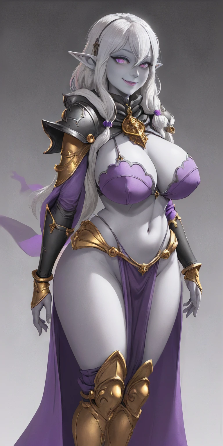(1solofemale drow elf)(chest covered)(smile) Gray skin, pale golden hair and violet eyes. She prefer's clothing of white and silver with cloaks of deep blue or purple, huge_knockers ((very precise detailed)) ((high res) golden bracers (plain background)