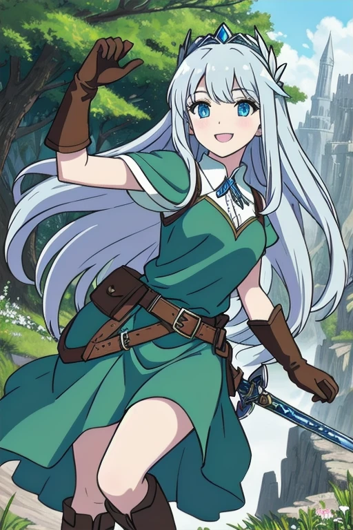 (best quality:1.3), (4K quality),masterpiece, best quality, high res, detailed, (Detailed face:1.2), (Detailed eyes:1.2), (Perfect figure:1.2), CARTOON, ANIME, CARTOON ARTSTYLE, Fantasy style, Fantasy setting, solo, 1girl, fairy, wings, (pale blue skin:1.2), long white hair, blue eyes, confident smile, silver headpiece, long green dress, leather belt, brown leather gloves, brown boots, holding a sword, landscape of a beautiful forest
