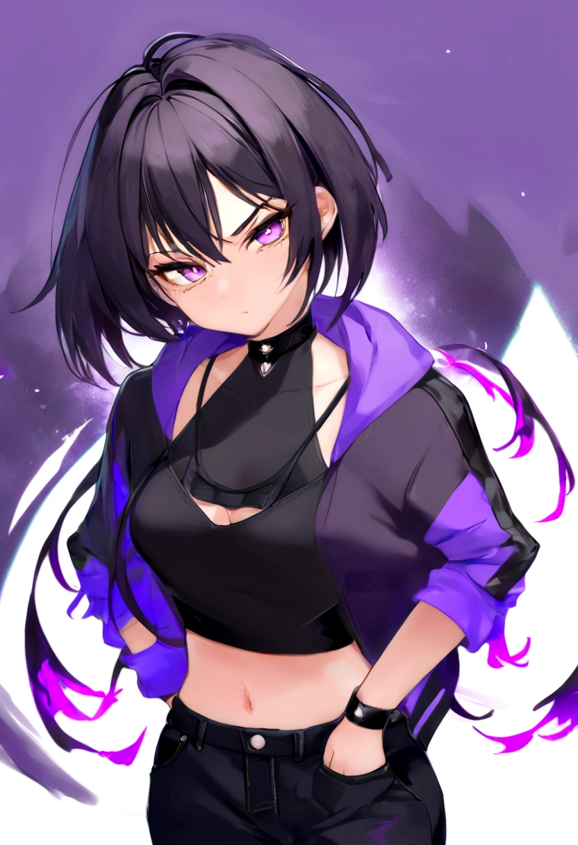 full body, tomboy, mature, sexy, smart, short black hair color black, short pitch black hair, eyes pupil purple, Short jacket, black plain tank top, long black plain jeans, black sneakers with purple ties, black chokers, anime style, vibrant colors, digital painting, black with glowing red burn piece chain fall in air background.