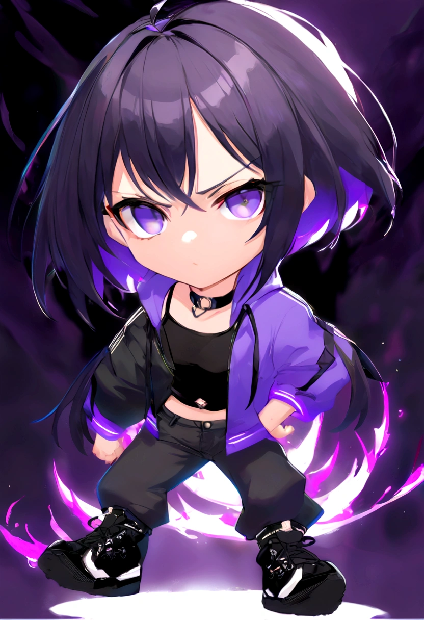 full body, tomboy, mature, sexy, smart, short black hair color black, short pitch black hair, eyes pupil purple, Short jacket, black plain tank top, long black plain jeans, black sneakers with purple ties, black chokers, anime style, vibrant colors, digital painting, black with glowing red burn piece chain fall in air background.