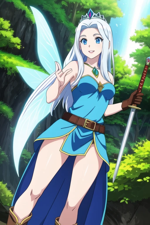 (best quality:1.3), (4K quality),masterpiece, best quality, high res, detailed, (Detailed face:1.2), (Detailed eyes:1.2), (Perfect figure:1.2), CARTOON, ANIME, CARTOON ARTSTYLE, Fantasy style, Fantasy setting, solo, 1girl, fairy, wings, (pale blue skin:1.2), long white hair, blue eyes, confident smile, silver headpiece, long green dress, leather belt, brown leather gloves, brown boots, holding a sword, landscape of a beautiful forest
